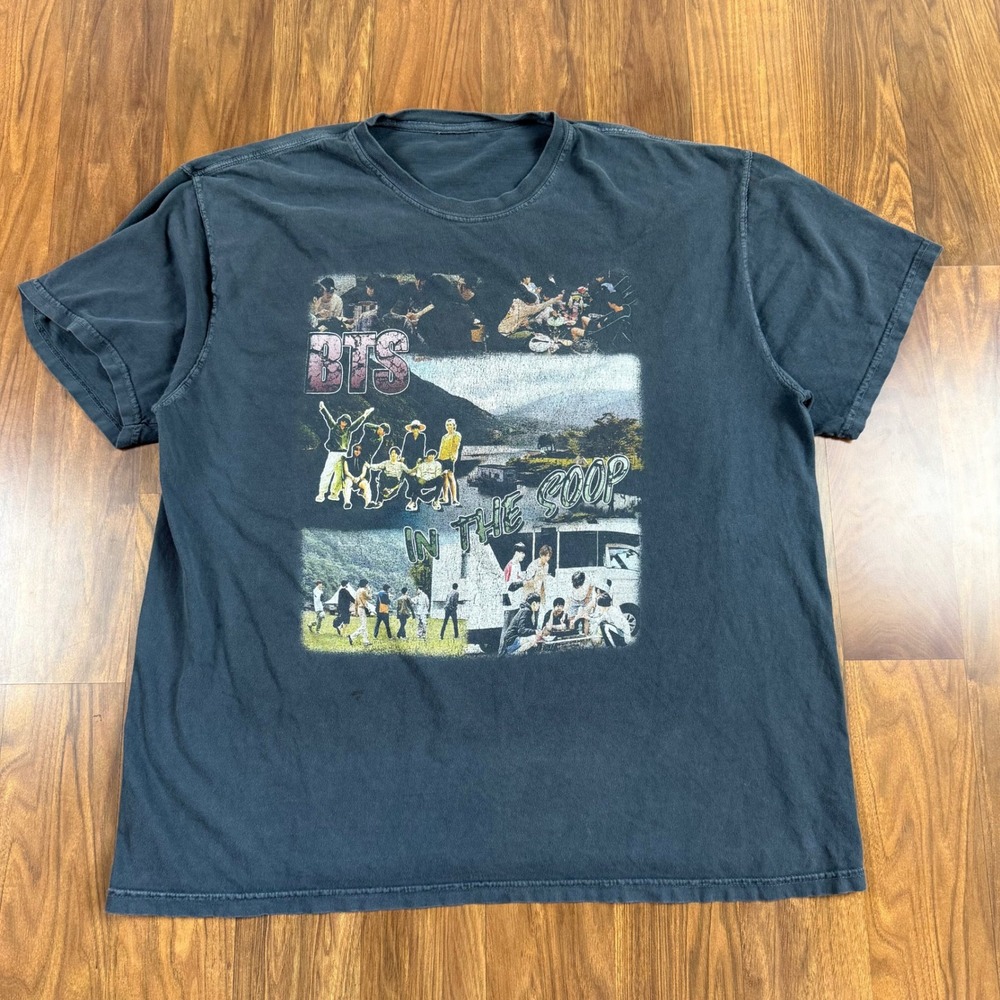 BTS In The Soop Graphic T-Shirt Faded Black Distressed K-Pop Short Sleeve Tee L